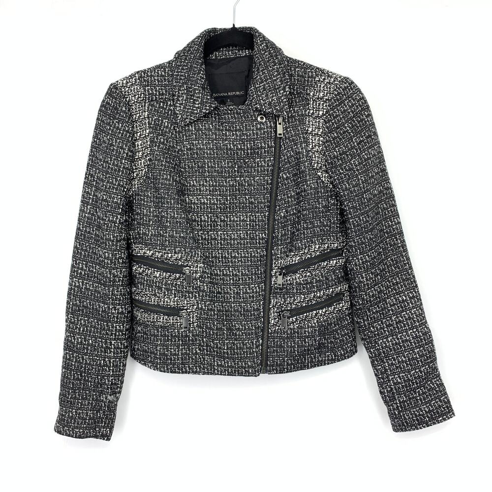 Banana Republic Front Zip Moto Jacket Womens Size 2 Black White Coated Tweed